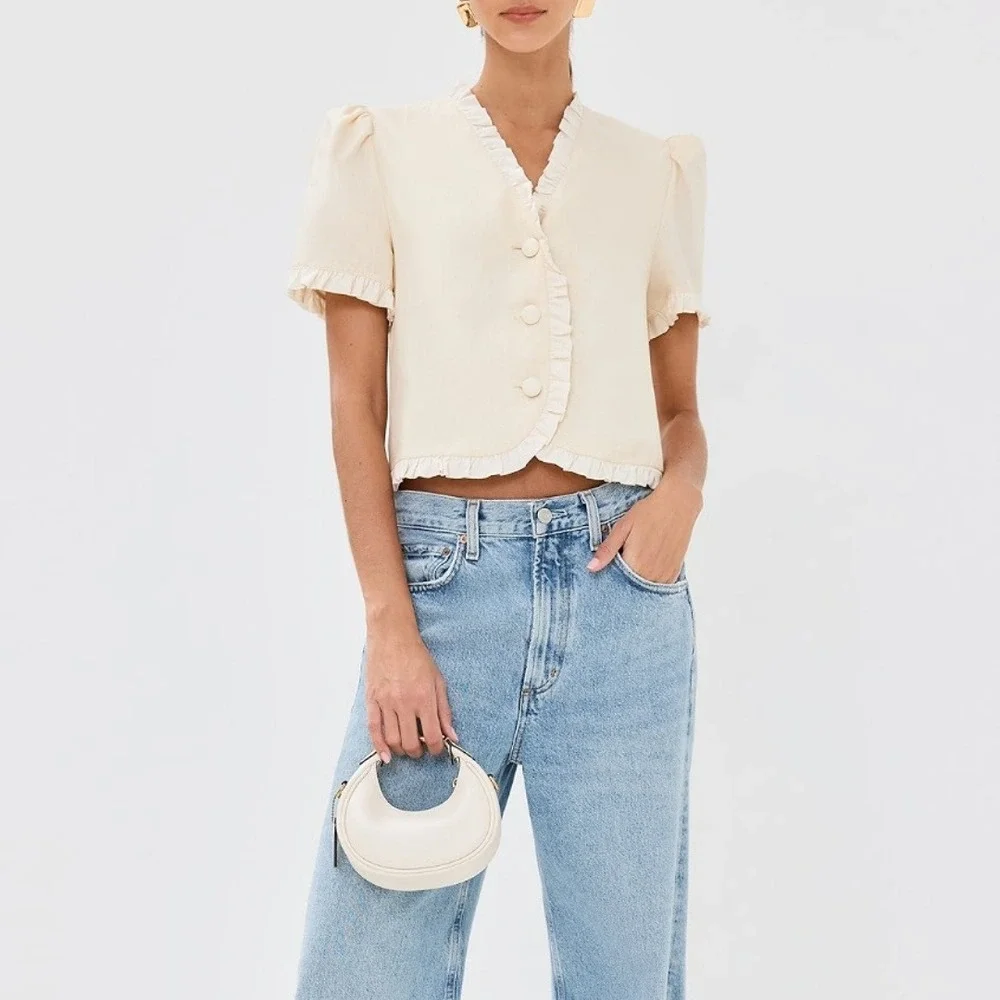 Reformation | Bess 100% Linen Puff Sleeve Ruffle Top in Sugar Cream | Size Med